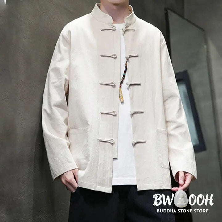 Buddha Stones Solid Color Frog-button Tang Suit Cotton Linen Men’s Jacket Shirt With Pockets - Men’s Jacket Shirt