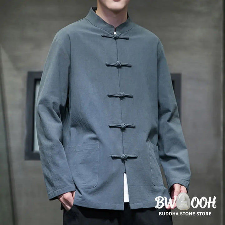 Buddha Stones Solid Color Frog-button Tang Suit Cotton Linen Men’s Jacket Shirt With Pockets - Men’s Jacket Shirt