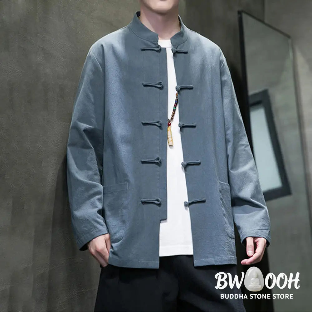 Buddha Stones Solid Color Frog-button Tang Suit Cotton Linen Men’s Jacket Shirt With Pockets - Men’s Jacket Shirt