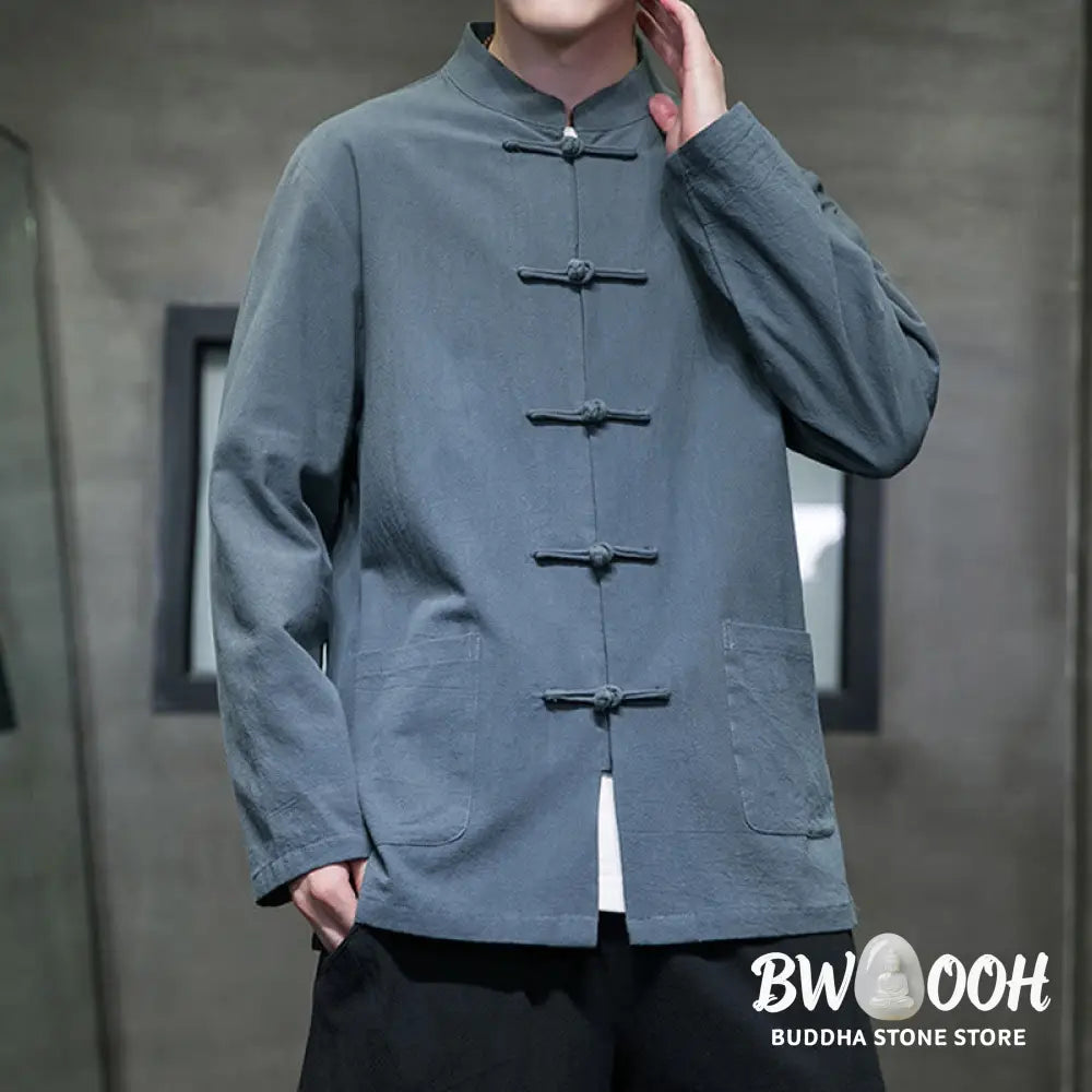 Buddha Stones Solid Color Frog-button Tang Suit Cotton Linen Men’s Jacket Shirt With Pockets - Men’s Jacket Shirt