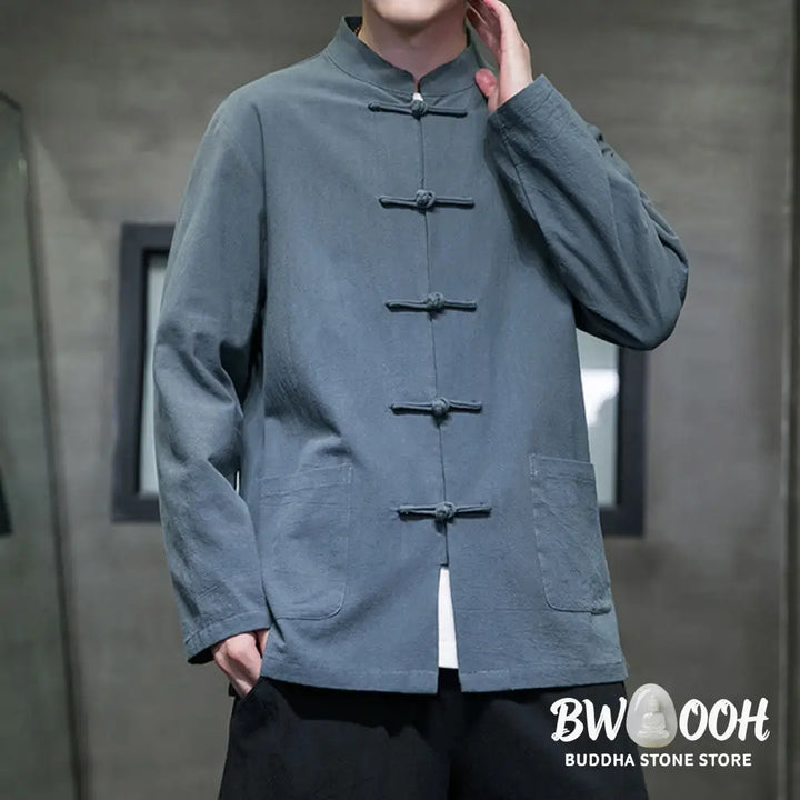 Buddha Stones Solid Color Frog-button Tang Suit Cotton Linen Men’s Jacket Shirt With Pockets - Men’s Jacket Shirt