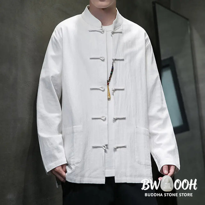 Buddha Stones Solid Color Frog-button Tang Suit Cotton Linen Men’s Jacket Shirt With Pockets - Men’s Jacket Shirt