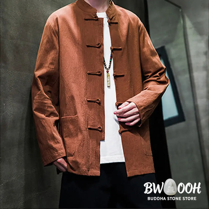 Buddha Stones Solid Color Frog-button Tang Suit Cotton Linen Men’s Jacket Shirt With Pockets - Men’s Jacket Shirt