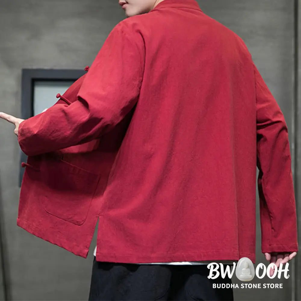 Buddha Stones Solid Color Frog-button Tang Suit Cotton Linen Men’s Jacket Shirt With Pockets - Men’s Jacket Shirt
