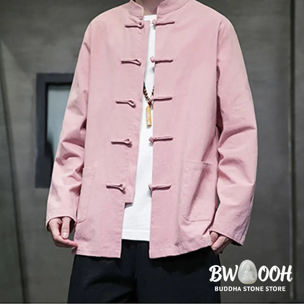 Buddha Stones Solid Color Frog-button Tang Suit Cotton Linen Men’s Jacket Shirt With Pockets - Men’s Jacket Shirt