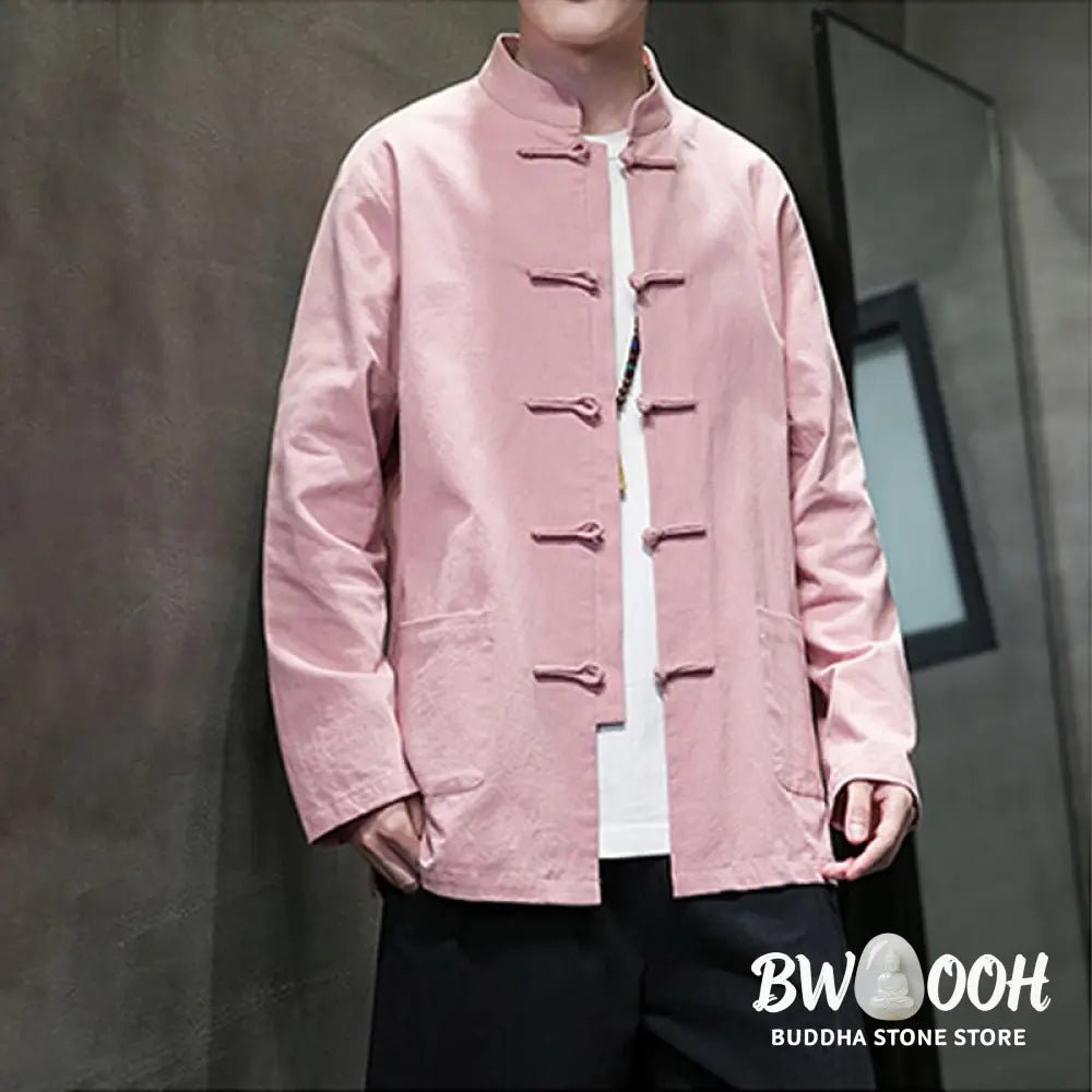 Buddha Stones Solid Color Frog-button Tang Suit Cotton Linen Men’s Jacket Shirt With Pockets - Men’s Jacket Shirt