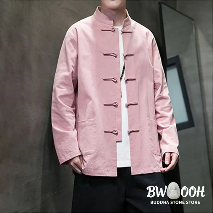 Buddha Stones Solid Color Frog-button Tang Suit Cotton Linen Men’s Jacket Shirt With Pockets - Men’s Jacket Shirt