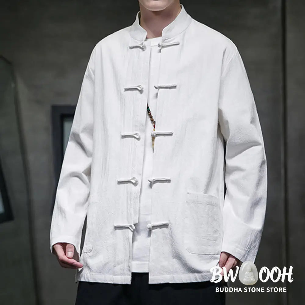 Buddha Stones Solid Color Frog-button Tang Suit Cotton Linen Men’s Jacket Shirt With Pockets - Men’s Jacket Shirt