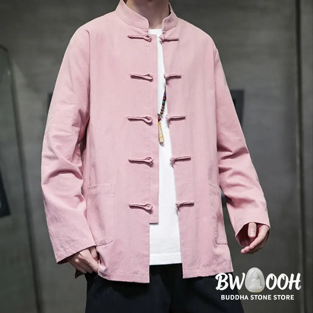 Buddha Stones Solid Color Frog-button Tang Suit Cotton Linen Men’s Jacket Shirt With Pockets - Men’s Jacket Shirt