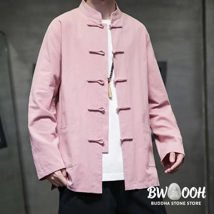 Buddha Stones Solid Color Frog-button Tang Suit Cotton Linen Men’s Jacket Shirt With Pockets - Men’s Jacket Shirt