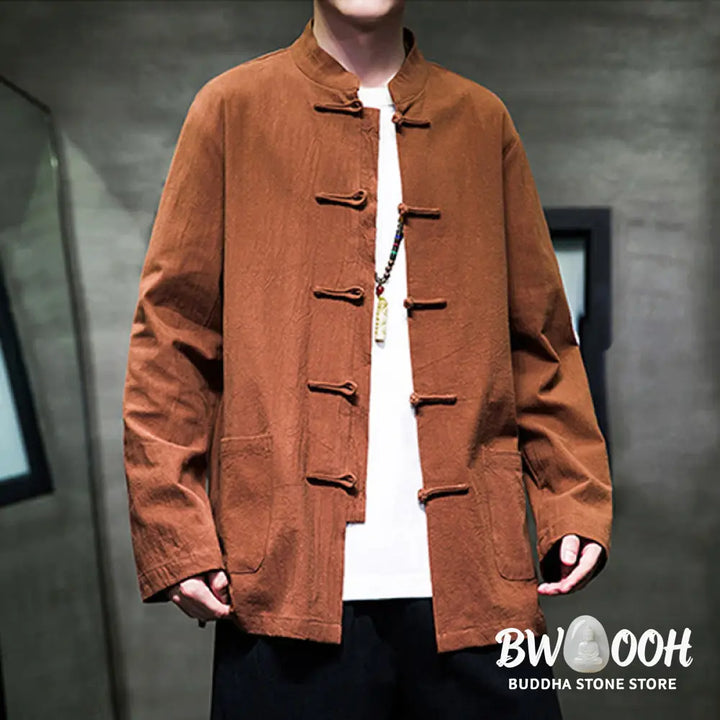 Buddha Stones Solid Color Frog-button Tang Suit Cotton Linen Men’s Jacket Shirt With Pockets - Men’s Jacket Shirt