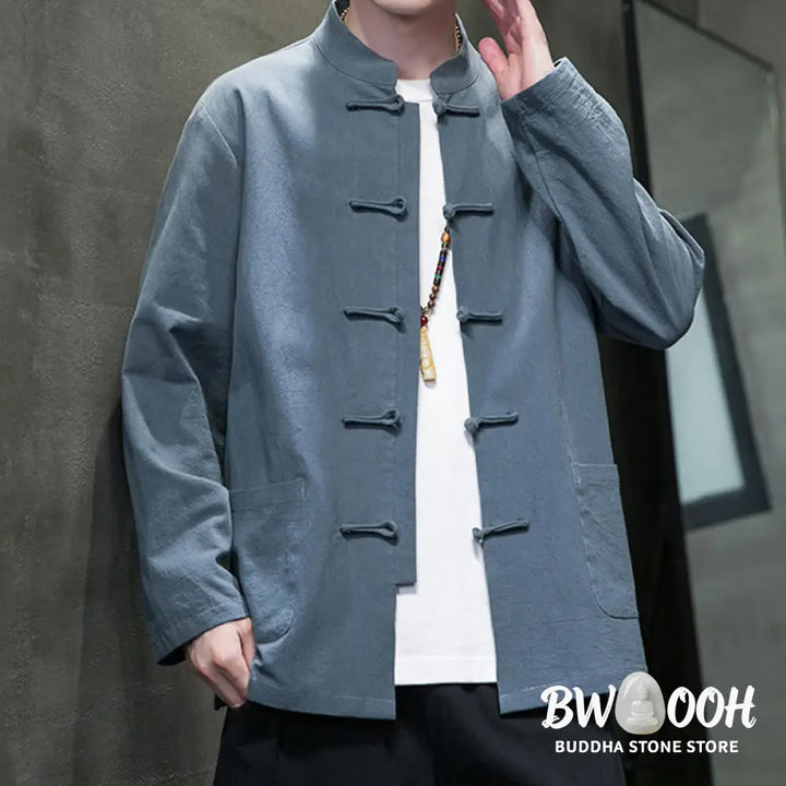 Buddha Stones Solid Color Frog-button Tang Suit Cotton Linen Men’s Jacket Shirt With Pockets - Men’s Jacket Shirt