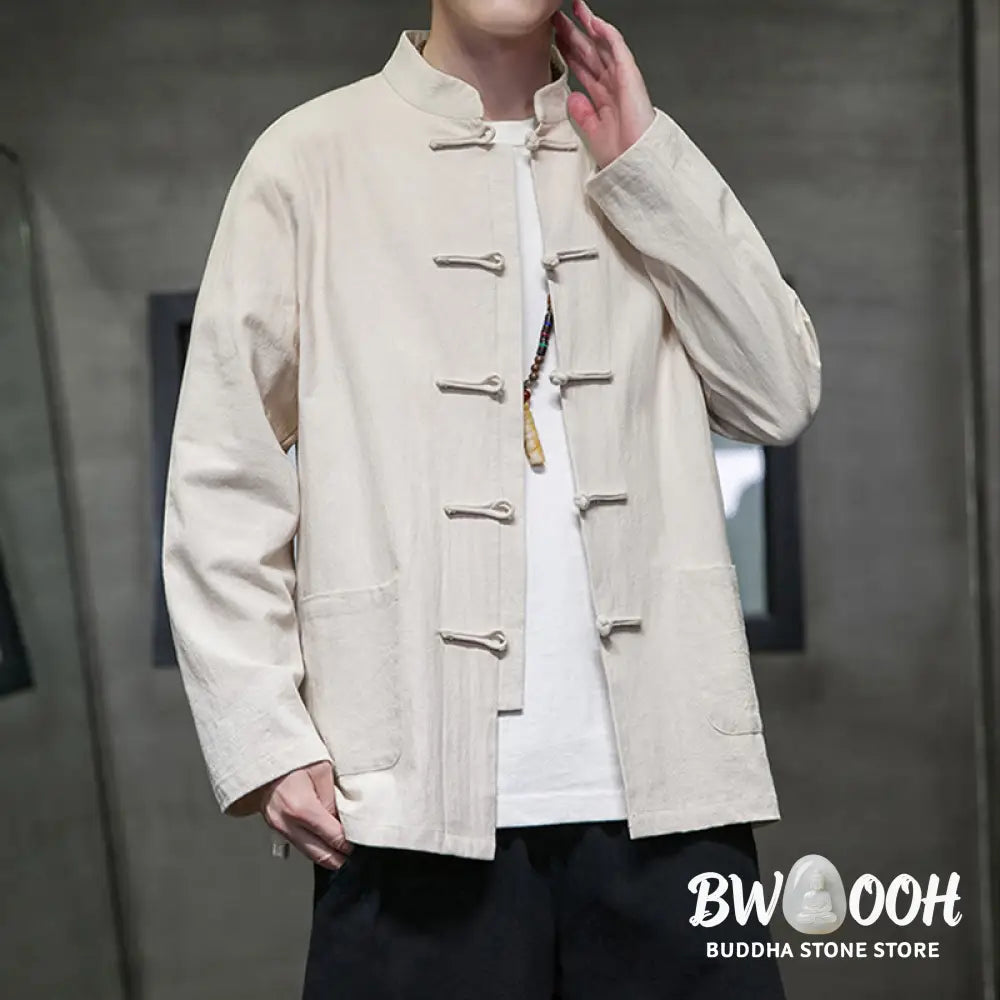 Buddha Stones Solid Color Frog-button Tang Suit Cotton Linen Men’s Jacket Shirt With Pockets - Men’s Jacket Shirt