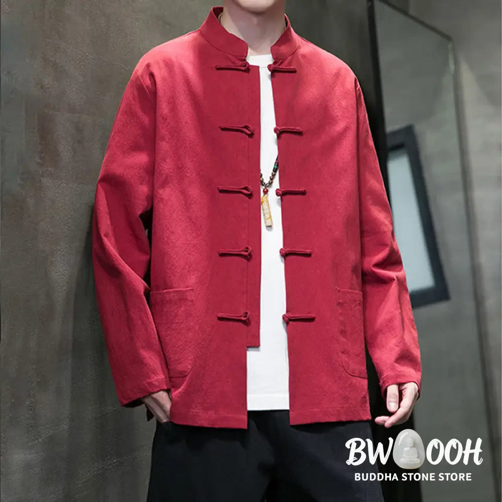 Buddha Stones Solid Color Frog-button Tang Suit Cotton Linen Men’s Jacket Shirt With Pockets - Men’s Jacket Shirt