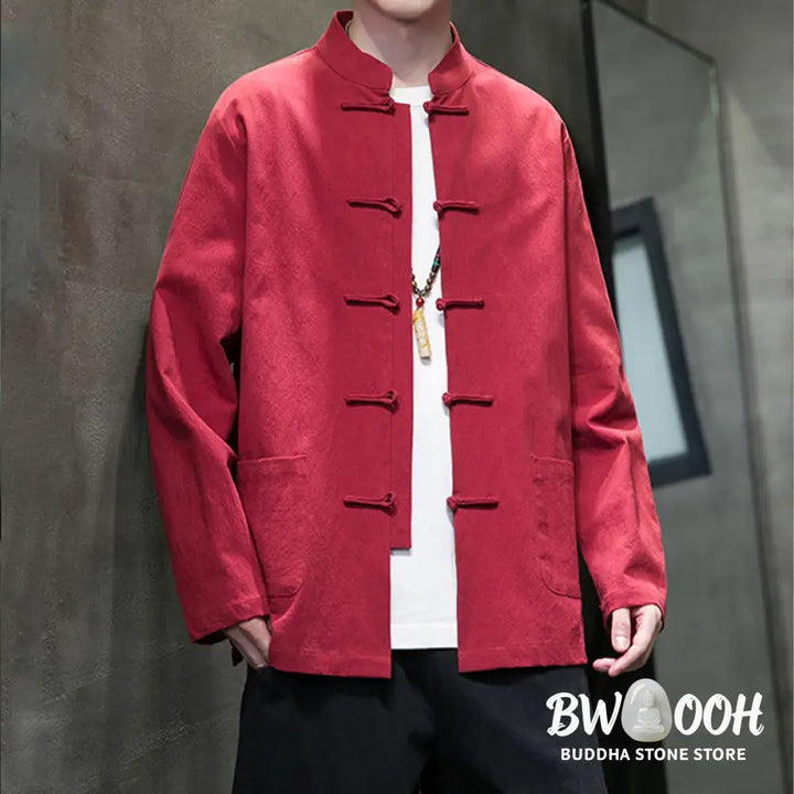 Buddha Stones Solid Color Frog-button Tang Suit Cotton Linen Men’s Jacket Shirt With Pockets - Men’s Jacket Shirt