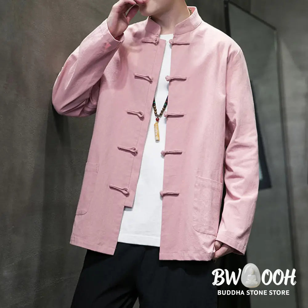 Buddha Stones Solid Color Frog-button Tang Suit Cotton Linen Men’s Jacket Shirt With Pockets - Men’s Jacket Shirt