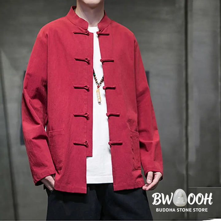 Buddha Stones Solid Color Frog-button Tang Suit Cotton Linen Men’s Jacket Shirt With Pockets - Men’s Jacket Shirt