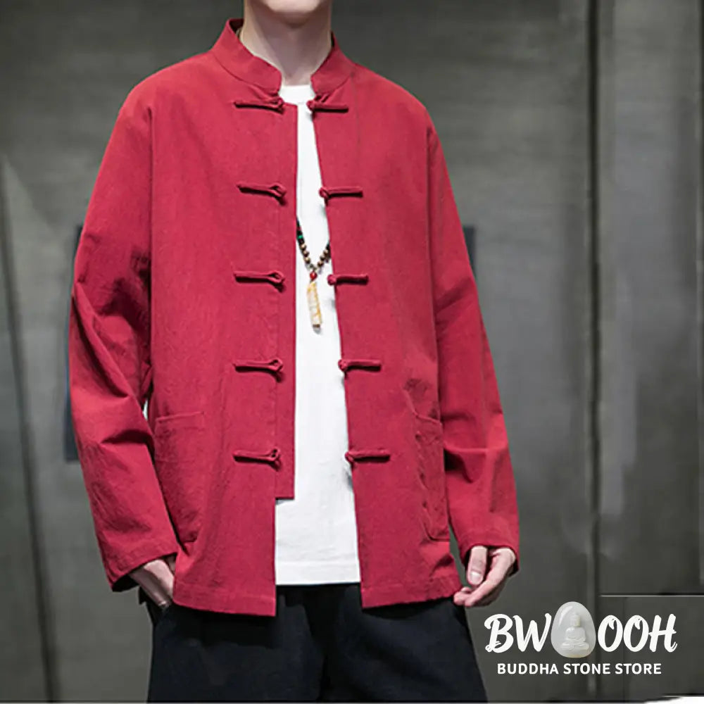 Buddha Stones Solid Color Frog-button Tang Suit Cotton Linen Men’s Jacket Shirt With Pockets - Men’s Jacket Shirt