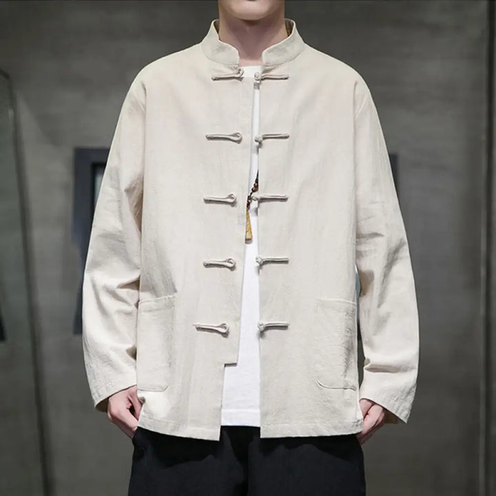 Buddha Stones Solid Color Frog-button Tang Suit Cotton Linen Men’s Jacket Shirt With Pockets - Beige / US/UK/AU36，EU46