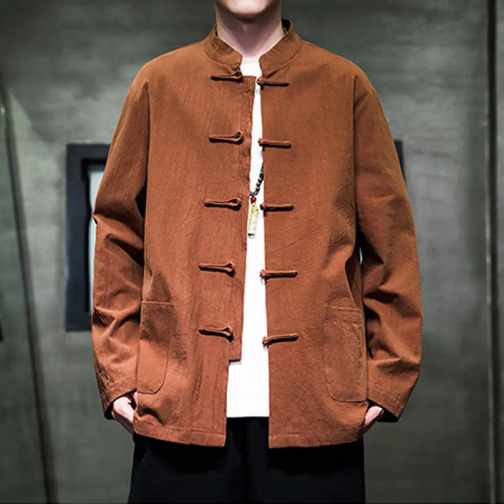 Buddha Stones Solid Color Frog-button Tang Suit Cotton Linen Men’s Jacket Shirt With Pockets - Chocolate