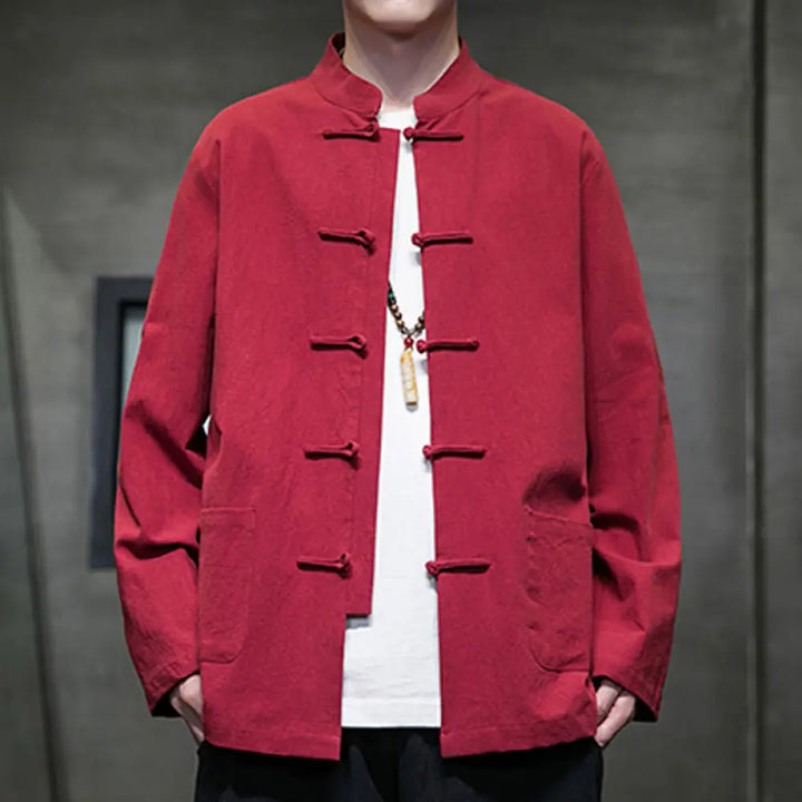 Buddha Stones Solid Color Frog-button Tang Suit Cotton Linen Men’s Jacket Shirt With Pockets - Crimson