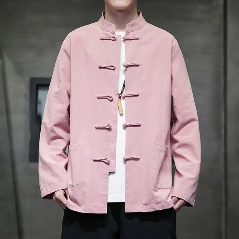Buddha Stones Solid Color Frog-button Tang Suit Cotton Linen Men’s Jacket Shirt With Pockets - LightPink