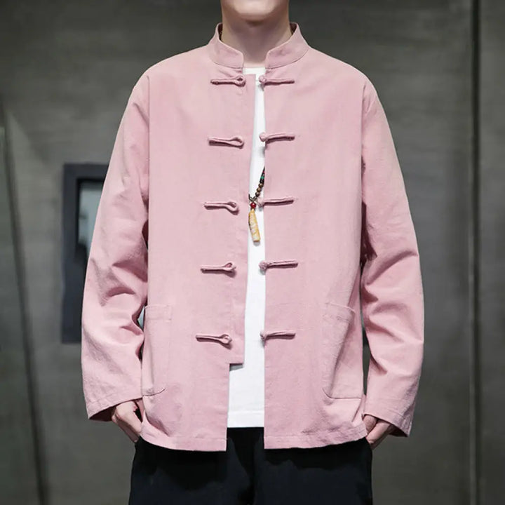 Buddha Stones Solid Color Frog-button Tang Suit Cotton Linen Men’s Jacket Shirt With Pockets - LightPink