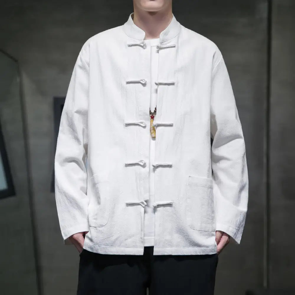 Buddha Stones Solid Color Frog-button Tang Suit Cotton Linen Men’s Jacket Shirt With Pockets - White / US/UK/AU36，EU46