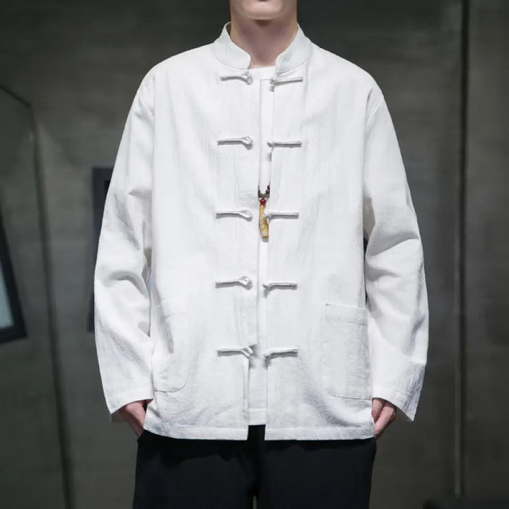 Buddha Stones Solid Color Frog-button Tang Suit Cotton Linen Men’s Jacket Shirt With Pockets - White / US/UK/AU36，EU46