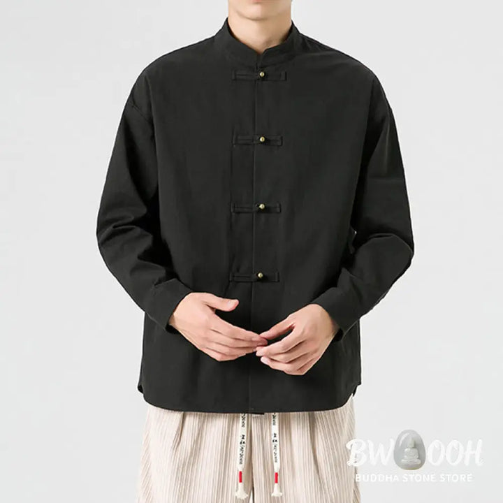 Buddha Stones Solid Color Frog-button Tang Suit Cotton Men’s Jacket Shirt - Men’s Jacket Shirt