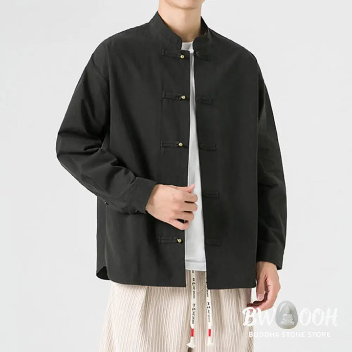Buddha Stones Solid Color Frog-button Tang Suit Cotton Men’s Jacket Shirt - Men’s Jacket Shirt