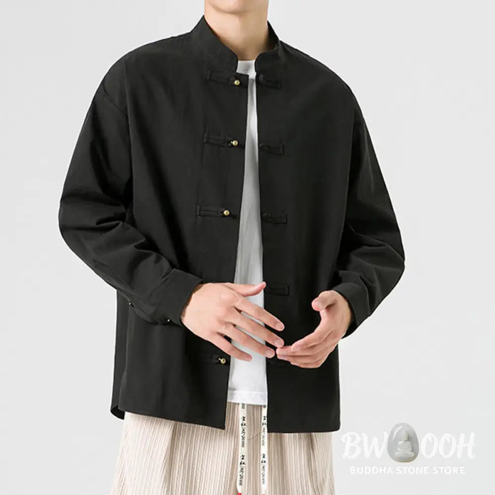 Buddha Stones Solid Color Frog-button Tang Suit Cotton Men’s Jacket Shirt - Men’s Jacket Shirt