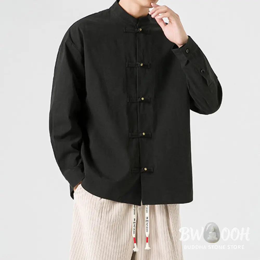 Buddha Stones Solid Color Frog-button Tang Suit Cotton Men’s Jacket Shirt - Men’s Jacket Shirt