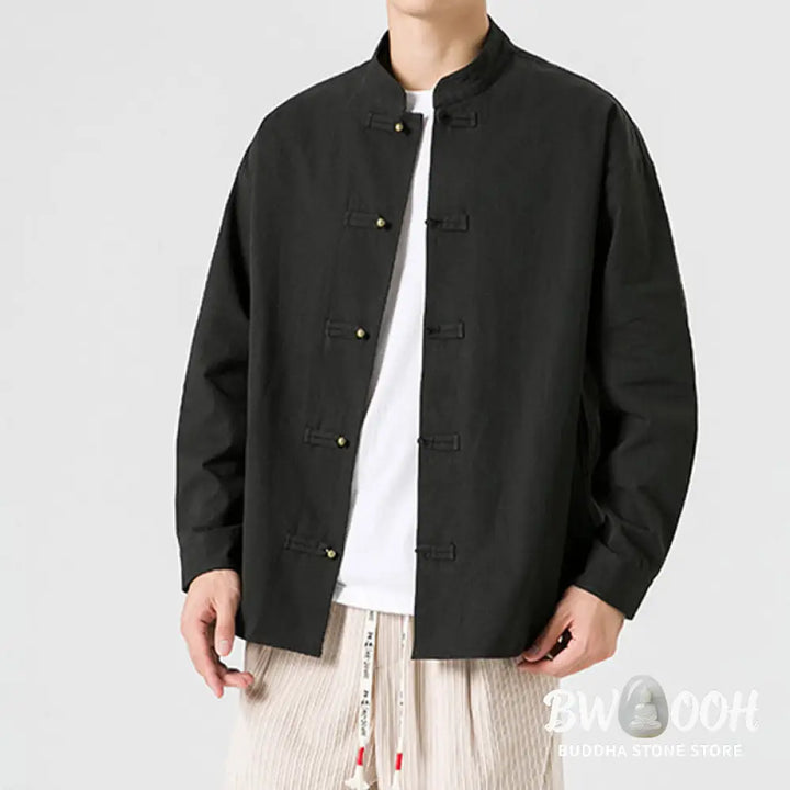 Buddha Stones Solid Color Frog-button Tang Suit Cotton Men’s Jacket Shirt - Men’s Jacket Shirt