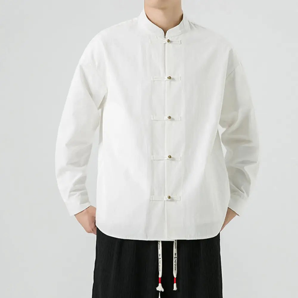 Buddha Stones Solid Color Frog-button Tang Suit Cotton Men’s Jacket Shirt - White / US/UK/AU36，EU46 (L) - Men’s Jacket