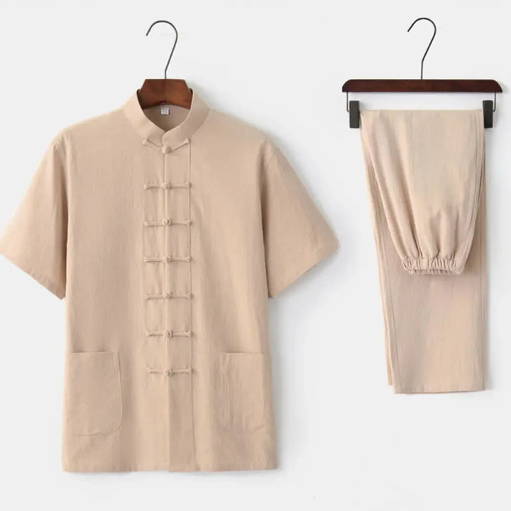 Buddha Stones Solid Color Frog-Button Tang Suit Traditional Cotton Linen Short Sleeve Top Pants Clothing Men’s Set