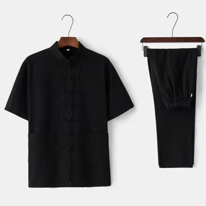 Buddha Stones Solid Color Frog-Button Tang Suit Traditional Cotton Linen Short Sleeve Top Pants Clothing Men’s Set