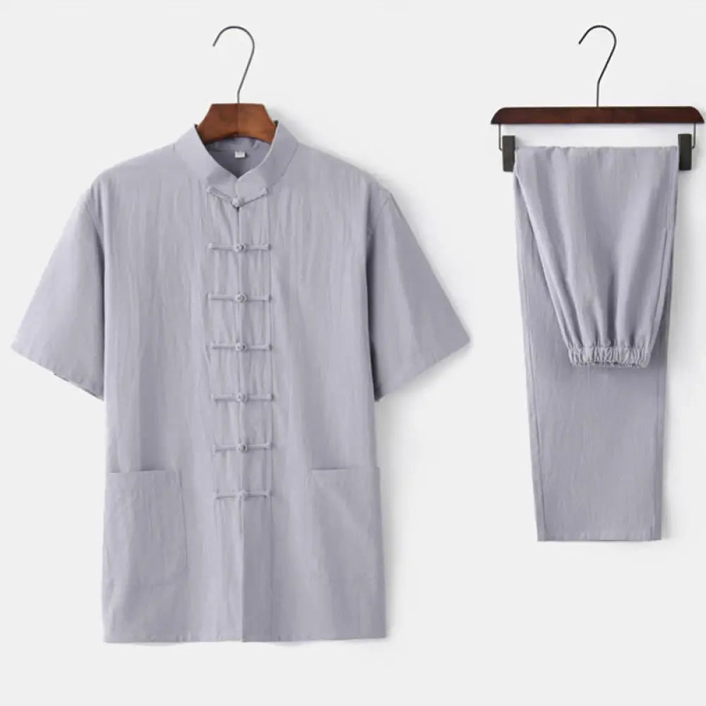 Buddha Stones Solid Color Frog-Button Tang Suit Traditional Cotton Linen Short Sleeve Top Pants Clothing Men’s Set