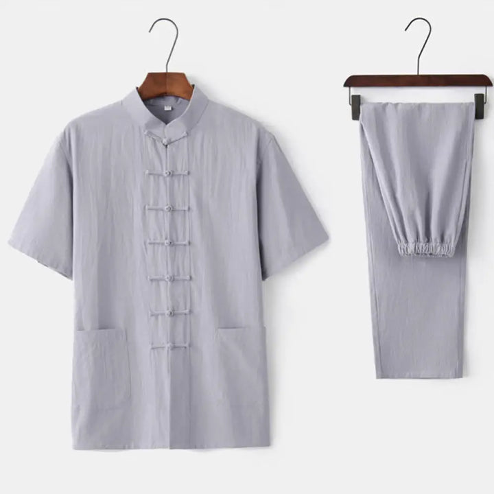 Buddha Stones Solid Color Frog-Button Tang Suit Traditional Cotton Linen Short Sleeve Top Pants Clothing Men’s Set