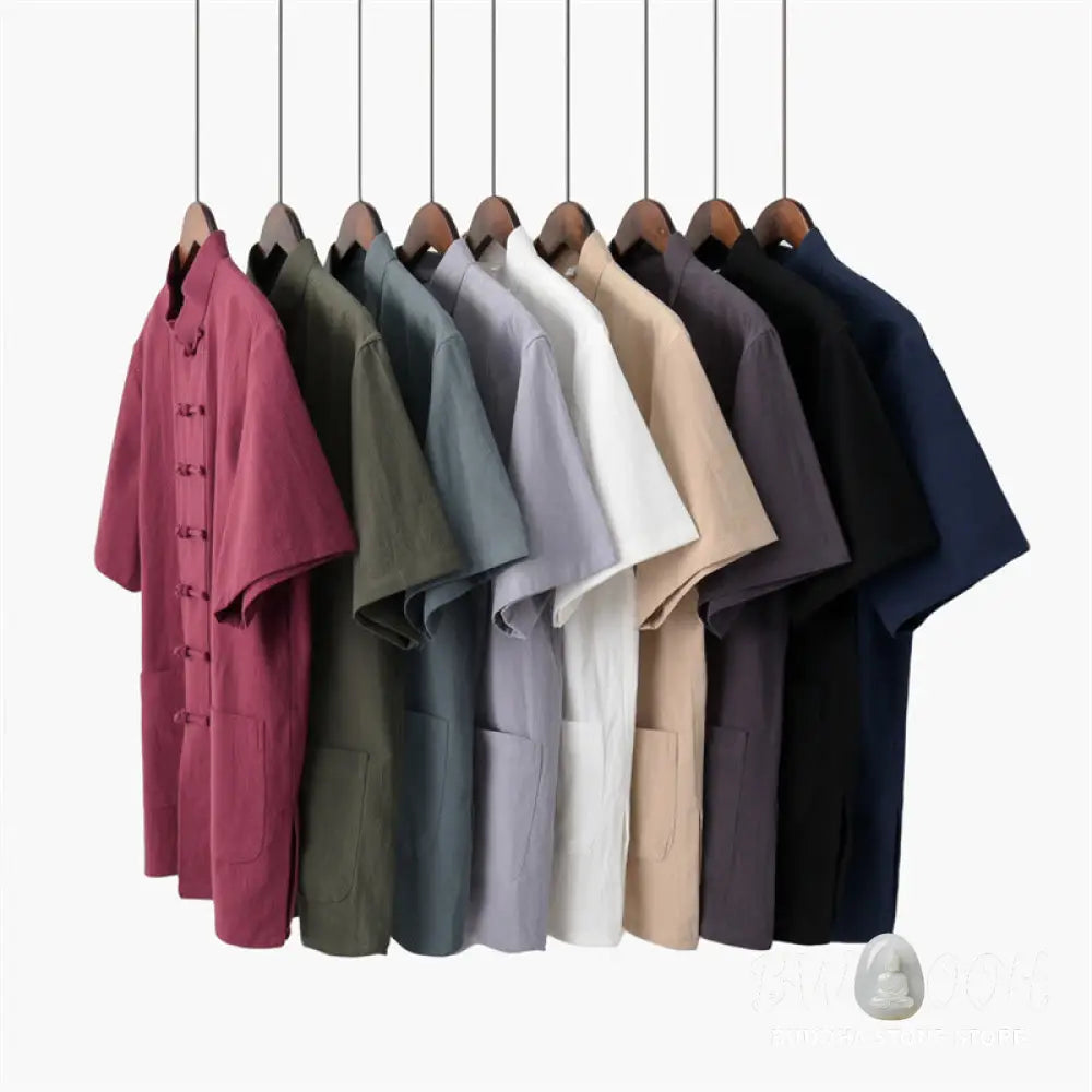 Buddha Stones Solid Color Frog-Button Tang Suit Traditional Cotton Linen Short Sleeve Top Pants Clothing Men’s Set