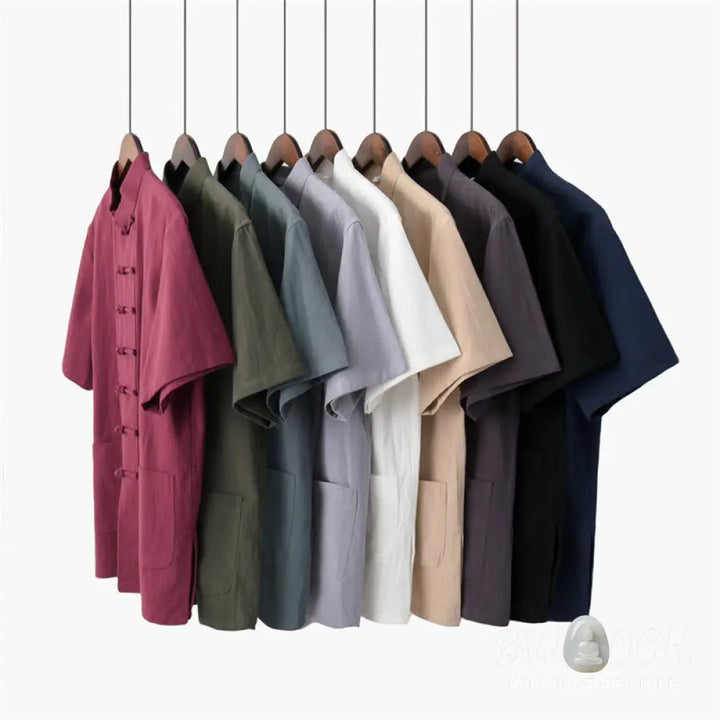Buddha Stones Solid Color Frog-Button Tang Suit Traditional Cotton Linen Short Sleeve Top Pants Clothing Men’s Set