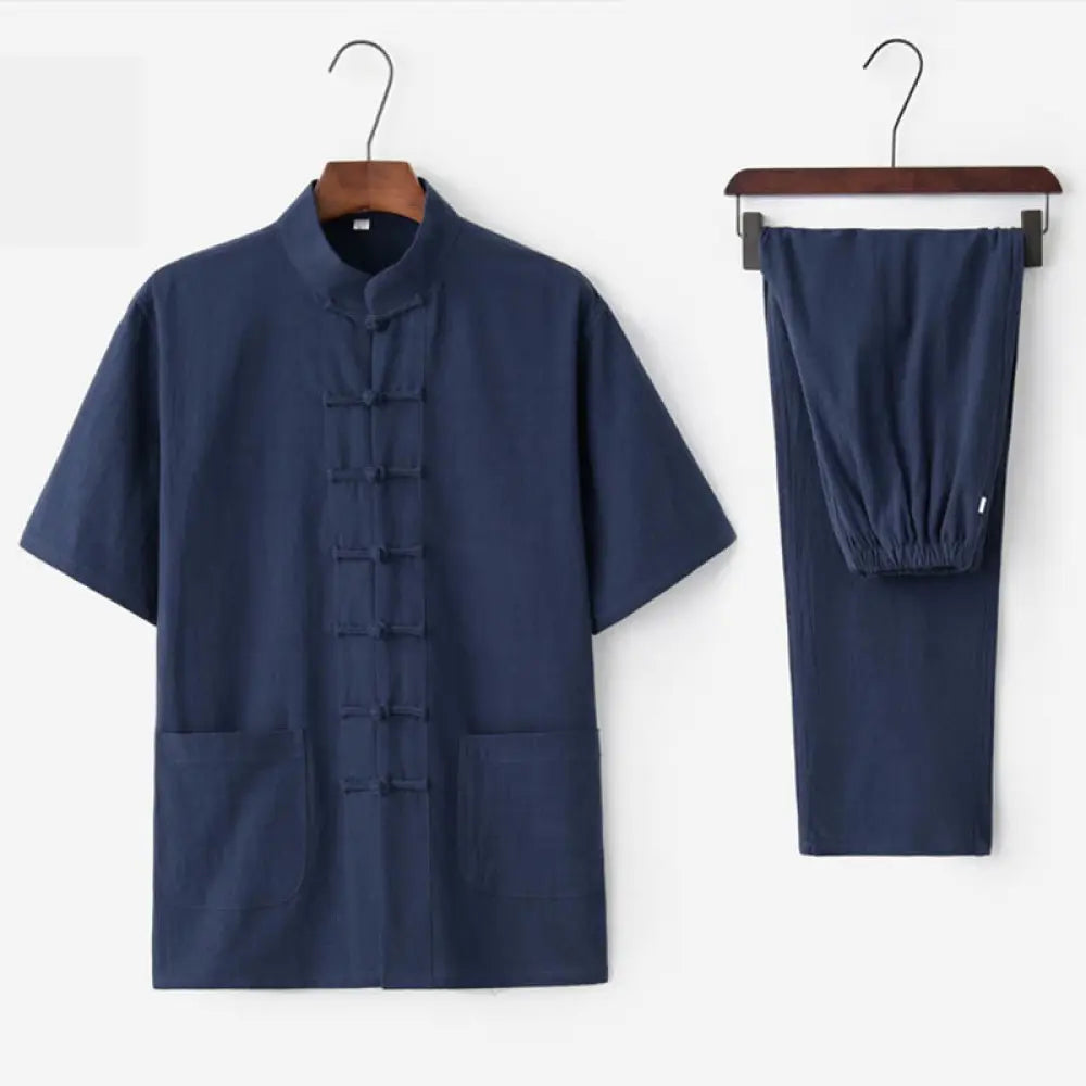 Buddha Stones Solid Color Frog-Button Tang Suit Traditional Cotton Linen Short Sleeve Top Pants Clothing Men’s Set