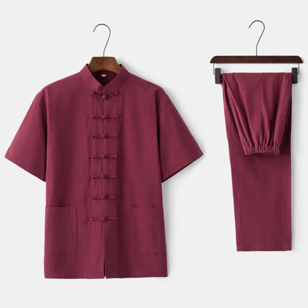 Buddha Stones Solid Color Frog-Button Tang Suit Traditional Cotton Linen Short Sleeve Top Pants Clothing Men’s Set