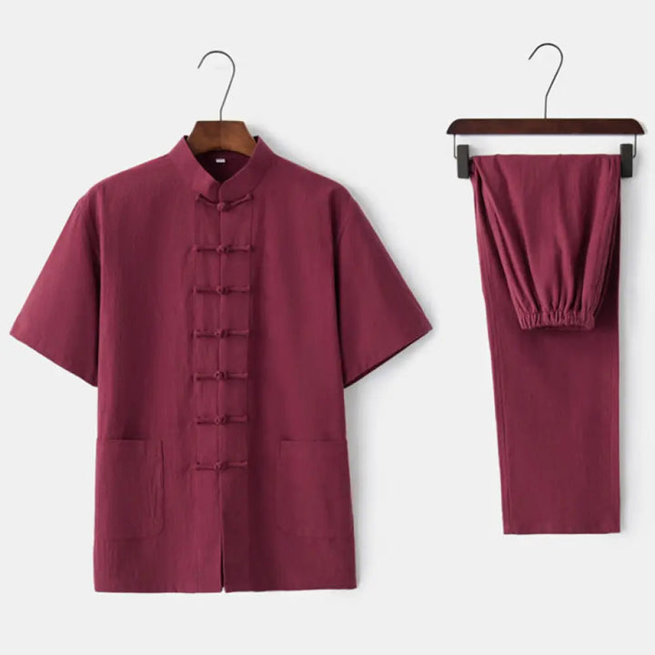 Buddha Stones Solid Color Frog-Button Tang Suit Traditional Cotton Linen Short Sleeve Top Pants Clothing Men’s Set