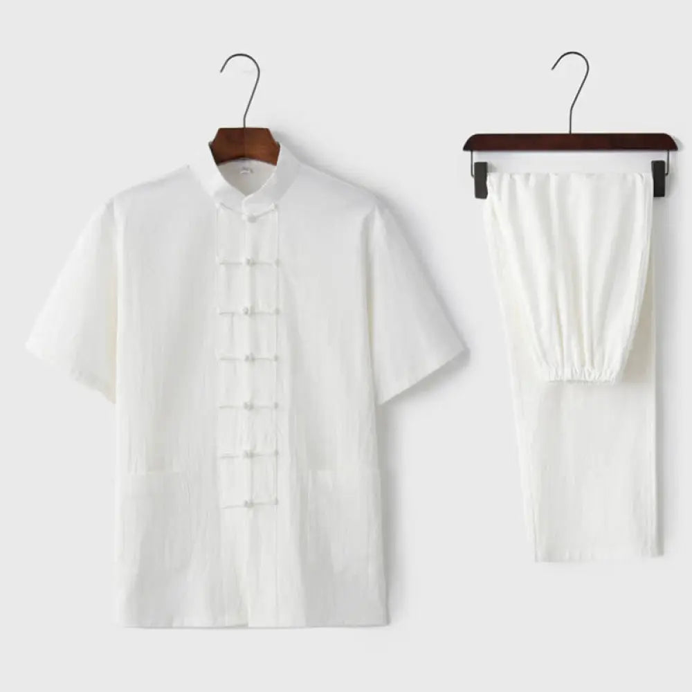 Buddha Stones Solid Color Frog-Button Tang Suit Traditional Cotton Linen Short Sleeve Top Pants Clothing Men’s Set