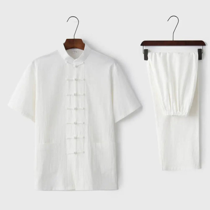Buddha Stones Solid Color Frog-Button Tang Suit Traditional Cotton Linen Short Sleeve Top Pants Clothing Men’s Set