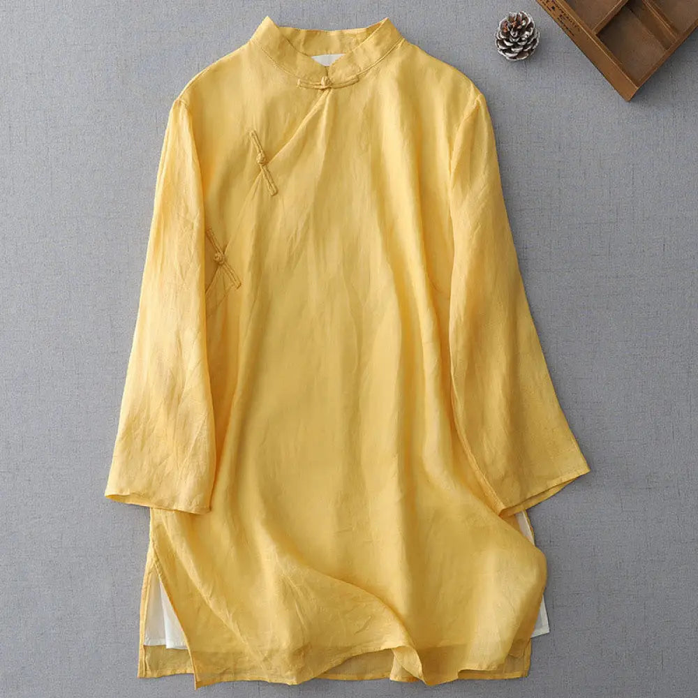 Buddha Stones Solid Color Frog-Button Three Quarter Sleeve Double Layer Cotton Linen Shirt - LemonChiffon