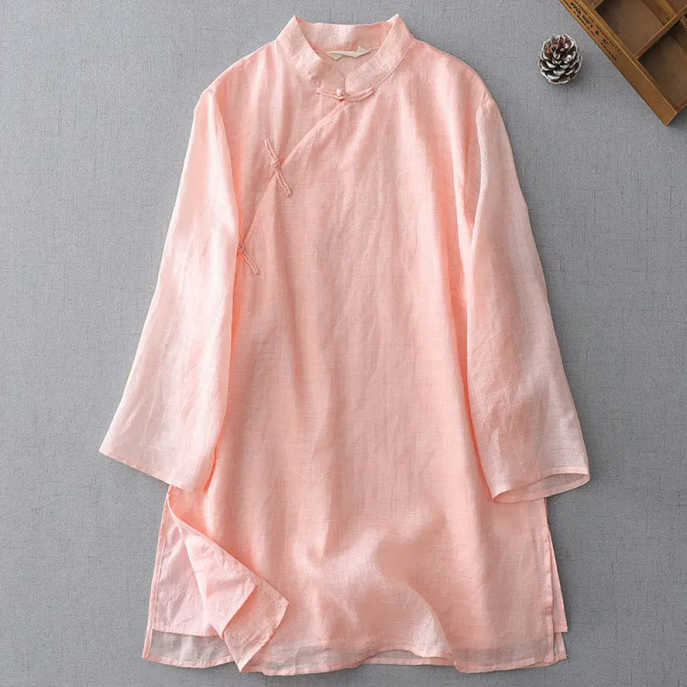 Buddha Stones Solid Color Frog-Button Three Quarter Sleeve Double Layer Cotton Linen Shirt - MistyRose