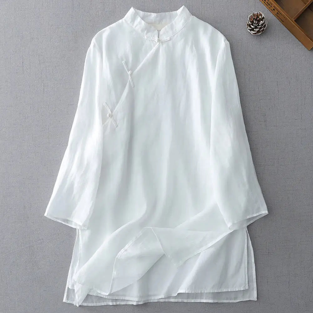 Buddha Stones Solid Color Frog-Button Three Quarter Sleeve Double Layer Cotton Linen Shirt - White / US2，UK/AU6，EU34