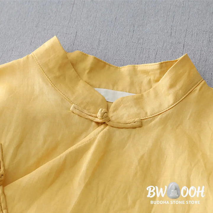 Buddha Stones Solid Color Frog-Button Three Quarter Sleeve Double Layer Cotton Linen Shirt - Women’s Shirts